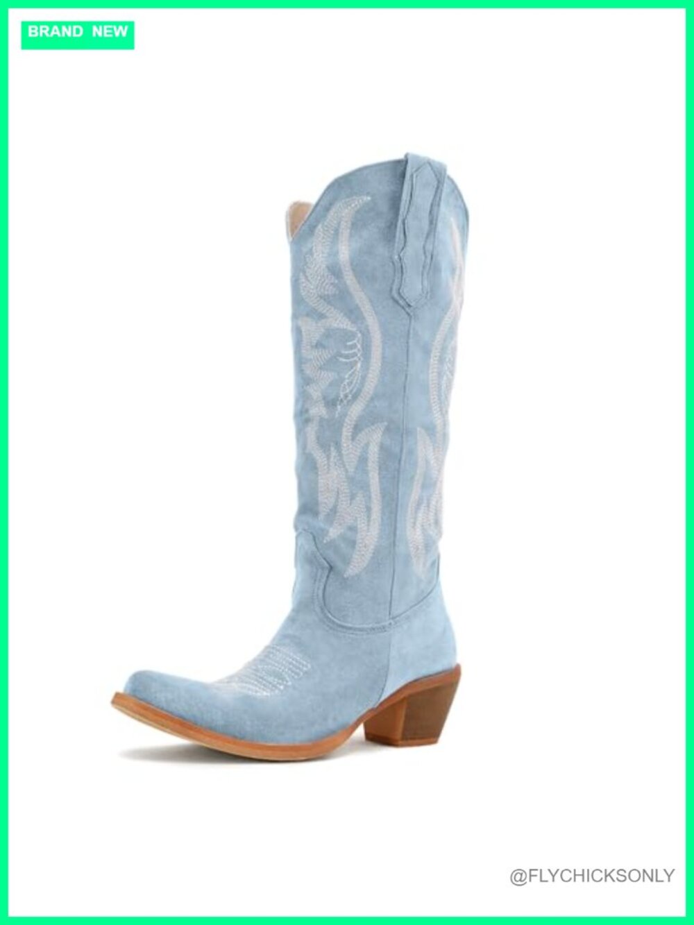 Faux Suede Mid Calf Western Cowboy Boots Embroidered Almond Toe Block Heel